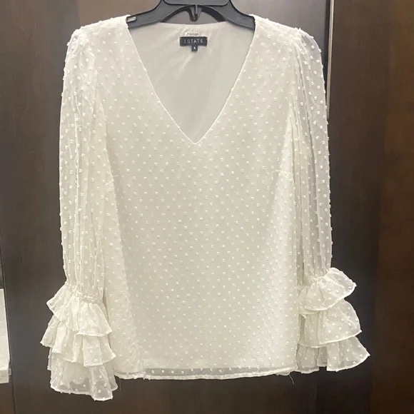 White Swiss-Dot Blouse with Ruffled Bell Sleeve, size S, 1.State brand - Picture 1 of 8